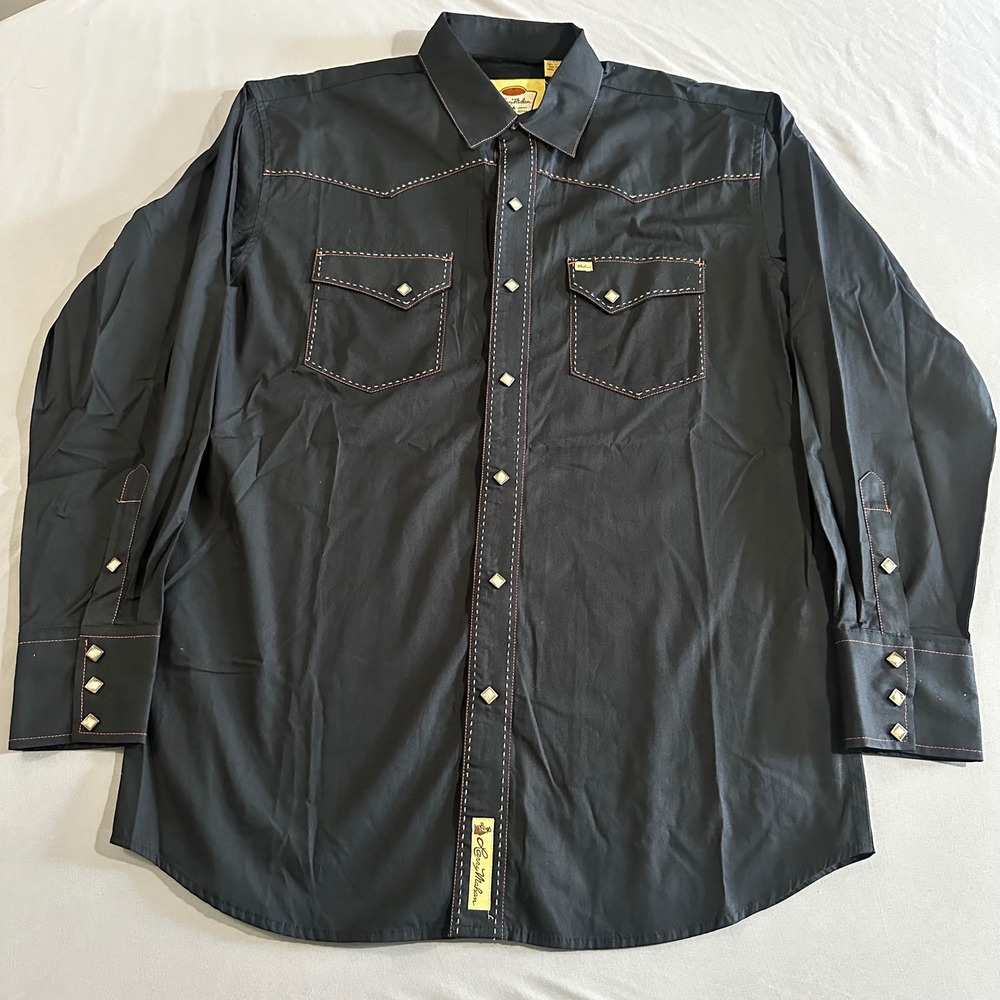 Larry Mahan Western Pearl Snap Shirt Mens XL Black Contrast Stitch Good Diamond